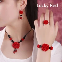 womens lucky red flower jewelry set vintage graceful joker short necklace earrings bracelet rings 2022 graceful joker jewelry