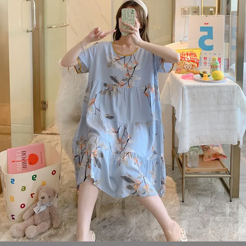 Women's Cotton Silk Nightdress Summer Nightgown Short Sleeve Pajamas Set Printing Plus Size Loose Home Wear New