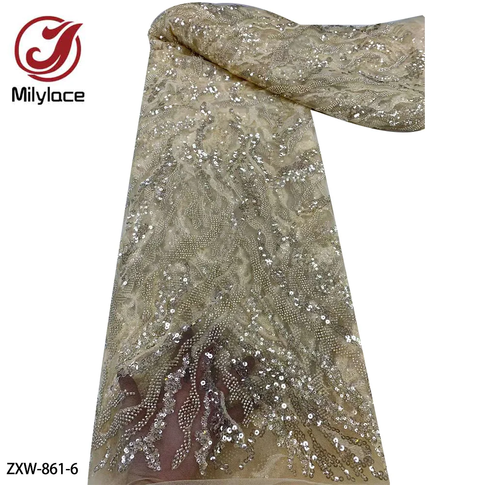 

French Tulle Lace with Sequin Fabric High Quality African Fabric Lace Petty Embroidered Fabric for Dress ZXW-861