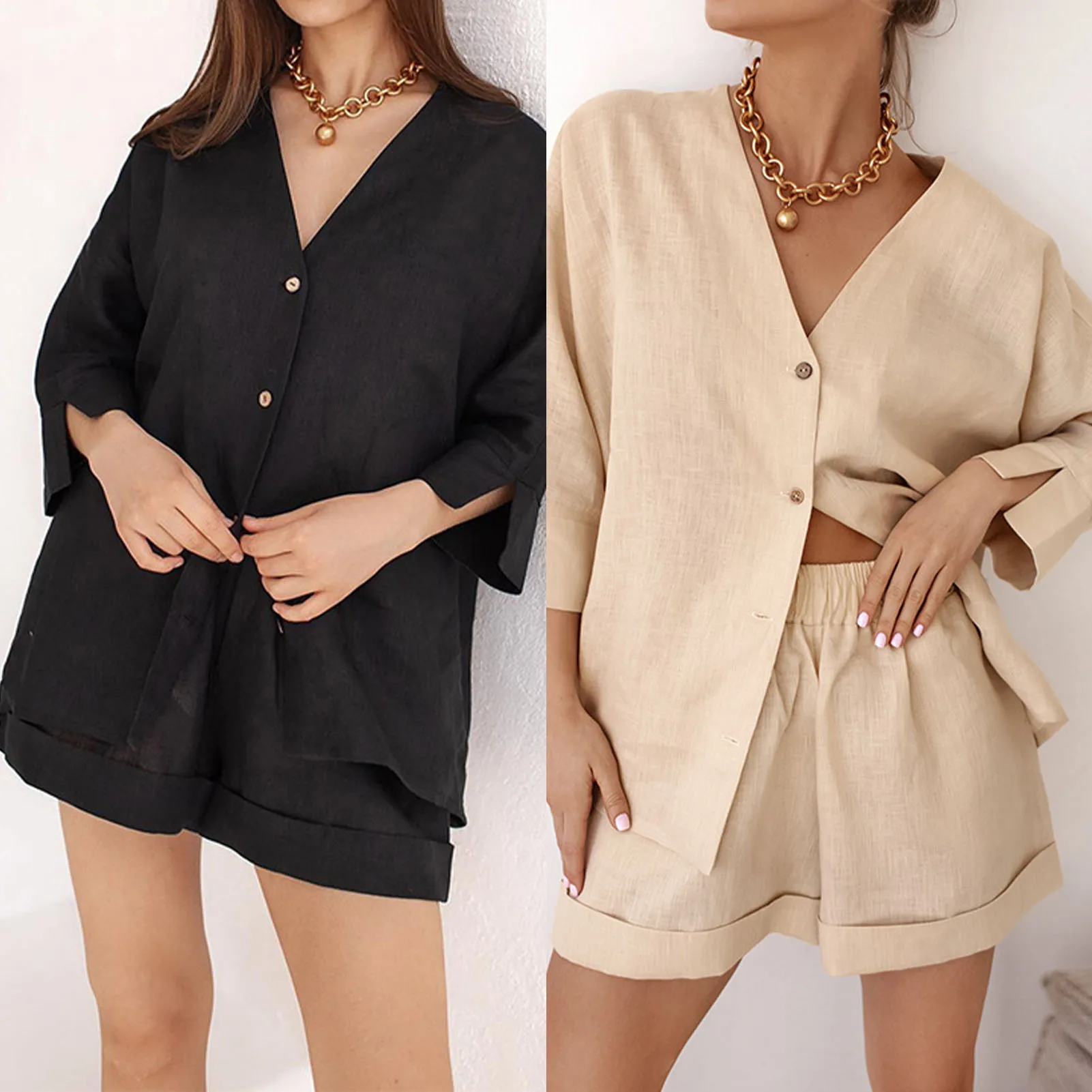 

Ladies 2 Piece Matching Set Half Sleeve Shirt Shorts Suit Comfortable Solid Color V Neck Blouse Top Short Pants Commuting Suits