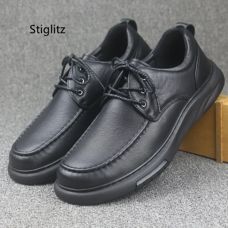 Туфли мужские из бычьей кожи мягкая подошва круглый носок плоская шитье удобные