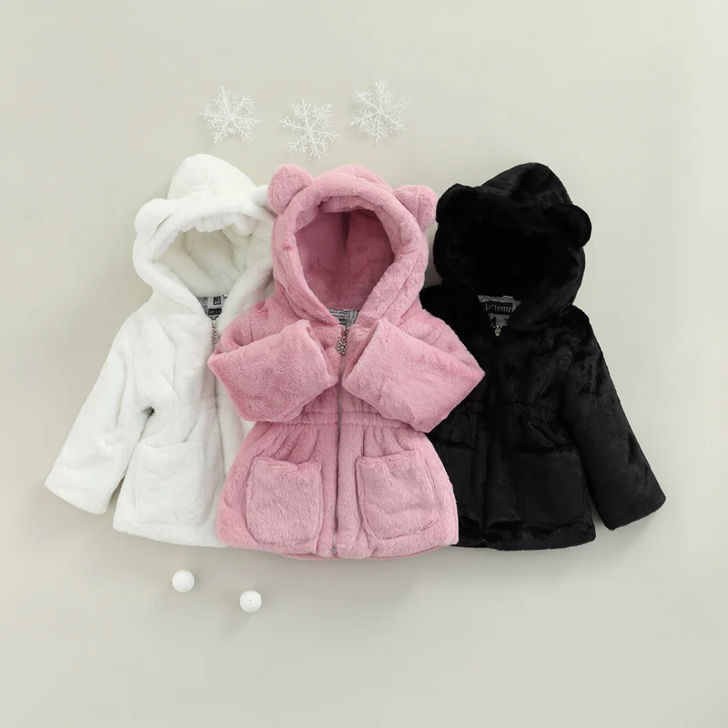 

Pudcoco Jacket 1-6Y Winter Baby Kids Girl Coat Fur Cartoon Long Sleeve Elastic Zipper Solid Color Hooded with Pocket Clothes