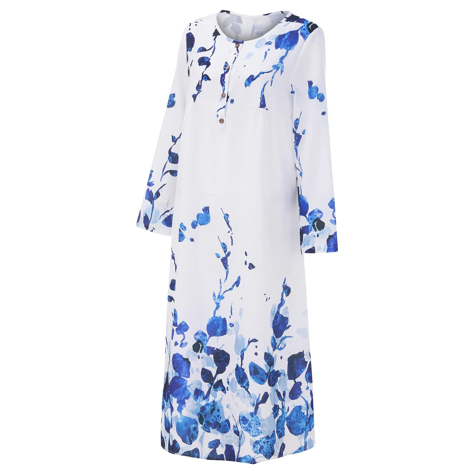 

Printed V Neck Button Long Sleeve Dress Women's Pocket Long Dress