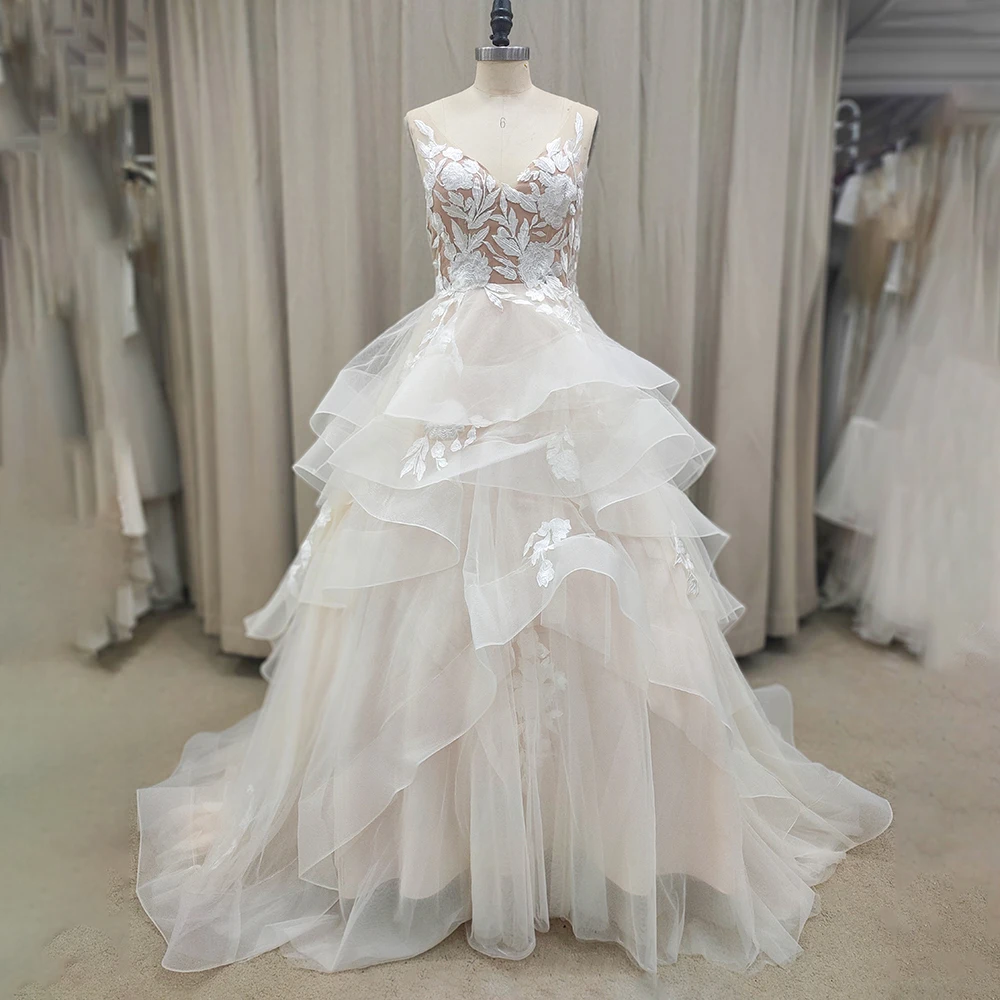 

V Neck Embroidery Applique Wedding Dress Custom Made Sleeveless Custom Made Open Back Princess Ruffled Mesh Puffy Bridal Gowns