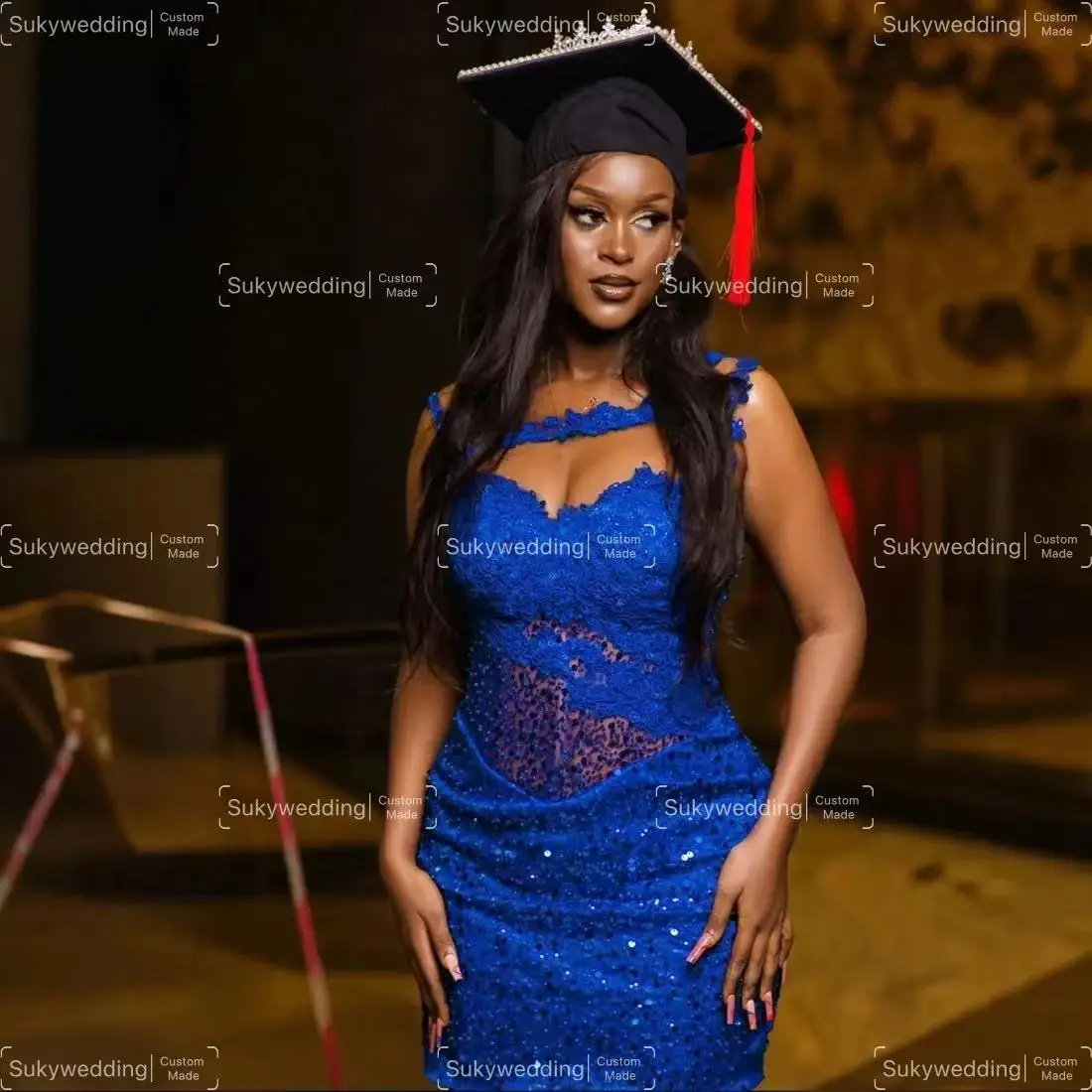 Ярко-голубое коктейльное платье Aso Ebi блестящее короткое для выпускного вечера