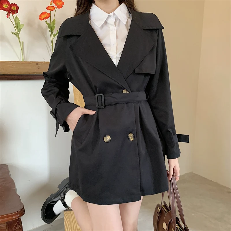 

Тренчкот женский однотонный двубортный средней длины, Повседневная Свободная ветровка в Корейском стиле, верхняя одежда, осень-зима