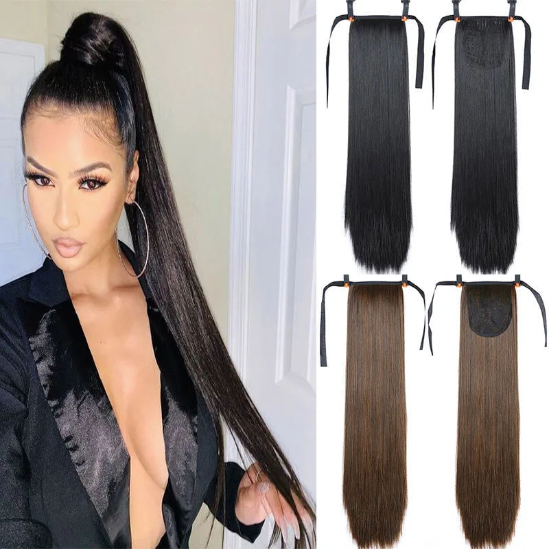 

Long Straight Ponytail Hair Extensions Synthetic Wrap Around Clip in Hair Piece Natural Curly Pony Tail For Women Fake Hairpiece