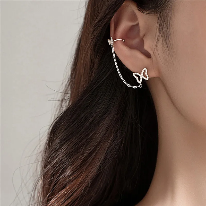 

Korean Elegant Chain Butterfly Stud Earrings For Women Flash Drill TasselC-Shaped Ear Bone Ear Cuff Earrings Party Jewelry Gift