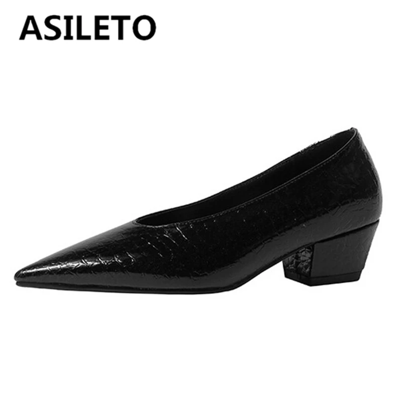 

ASILETO 2022 Women Pumps Pointed Toe Chunky Heels Snake Embossed Upper Slip-on Mature Big Size 32-46 Black White Spring S3117