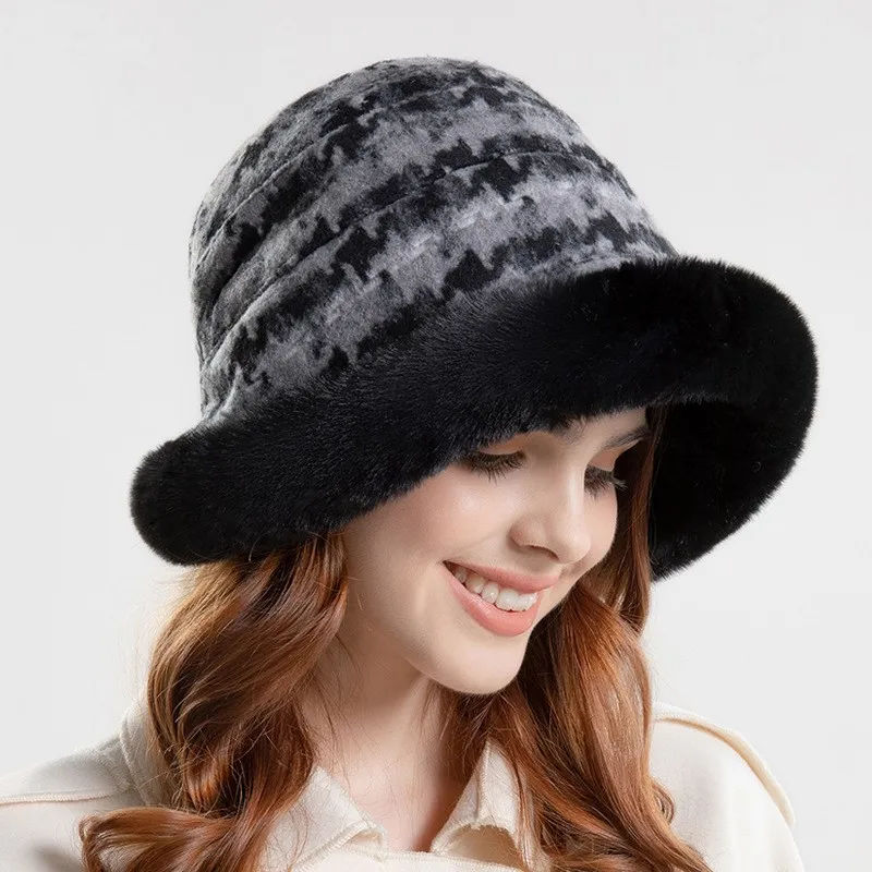 

Winter Hats For Women Add Velvet Padded Classic Checkerboard Fisherman Cap Plush Basin Cap Warm Winter Ear Protection Warm Hat