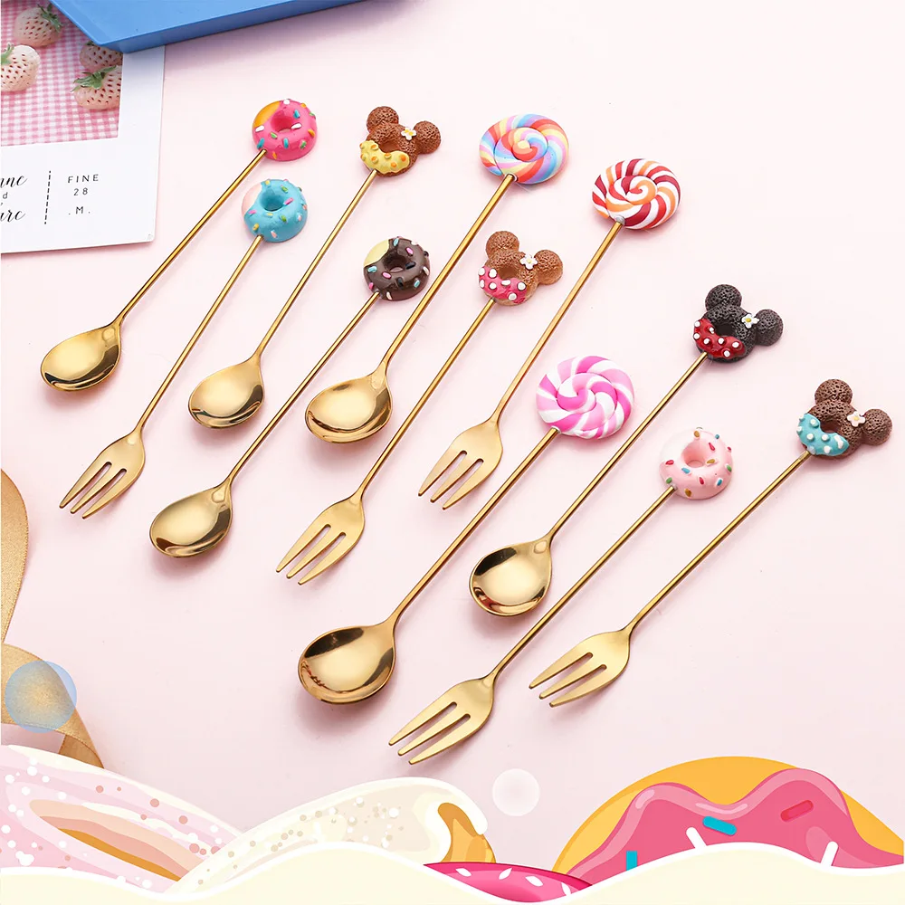 

8pcs Golden Mickey Dounts Spoon Stainless Steel Fork Coffee Dessert Tea Ice Cream Spoons Forks Stirring Cute Cartoon Teaspoon