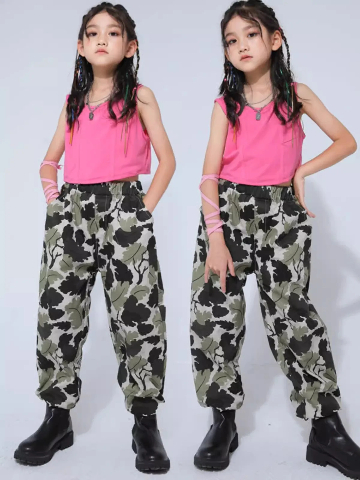 

Children Hip Hop Dance Costume Girls Jazz Dance Pink Crop Tops Camouflage Pants Walk Show Kpop Stage Performance Outfits BL10949