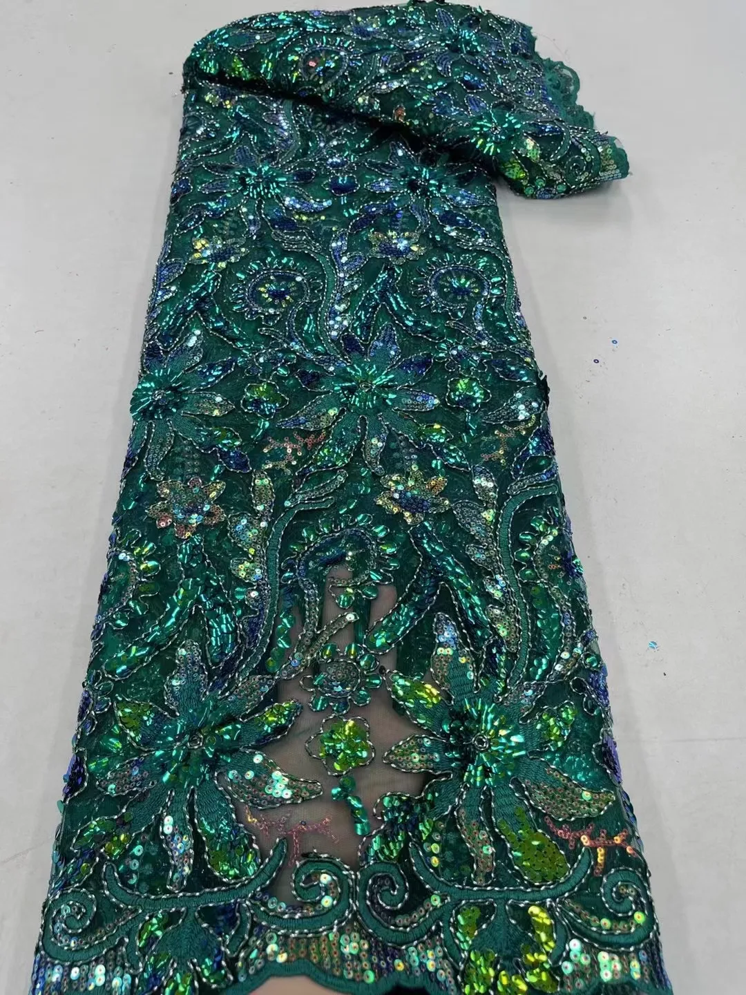 

African Net Lace Sequin Fabric Luxury Hand Beaded Embroidery Tulle Lace Fabrics For Nigeria Wedding Dress Sewing Material QF0737