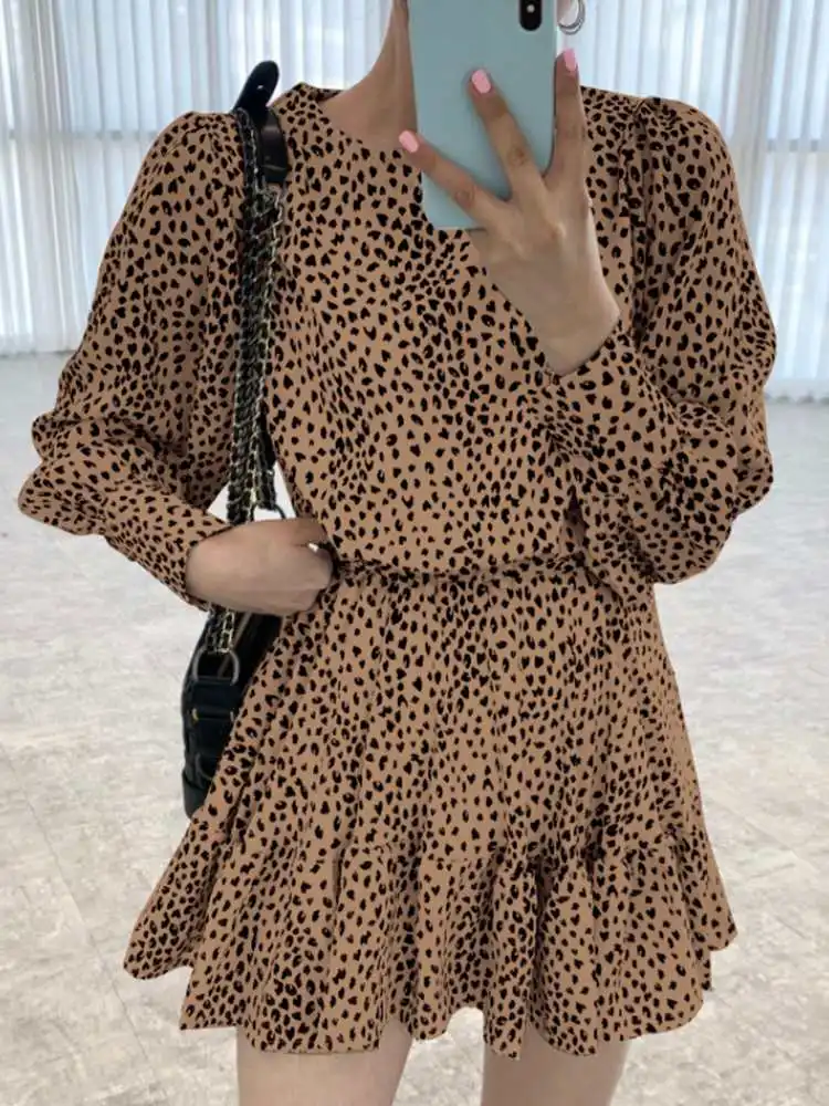 

Women Fashion Party Dress Spring 2022 Summer Elegant Leopard Printed Knee Vestidos Puff Sleeve ZANZEA Casual OL Ruffled Sundress
