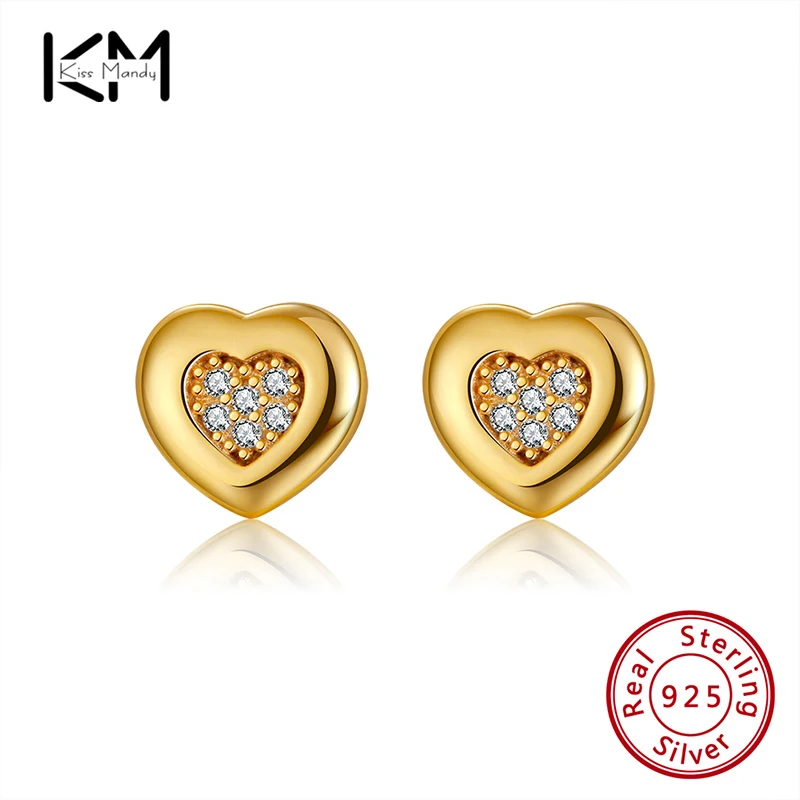 

KISS MANDY 925 Sterling Silver Women's Hearts Stud Earrings With Cubic Zirconia Korea Fine 18K Gold Plated Jewelry For GirlAPE01