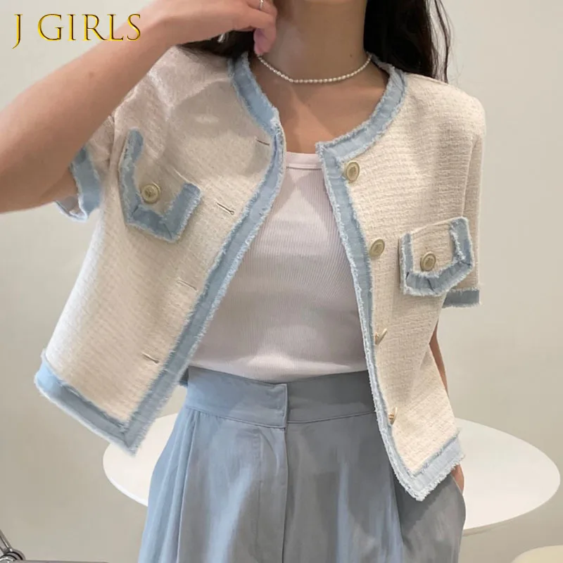 

J GIRLS Elegant Women Jacket 2022 Summer Korean New Fashion Female Round Neck Short Sleeve Button Up Cropped Top Casual