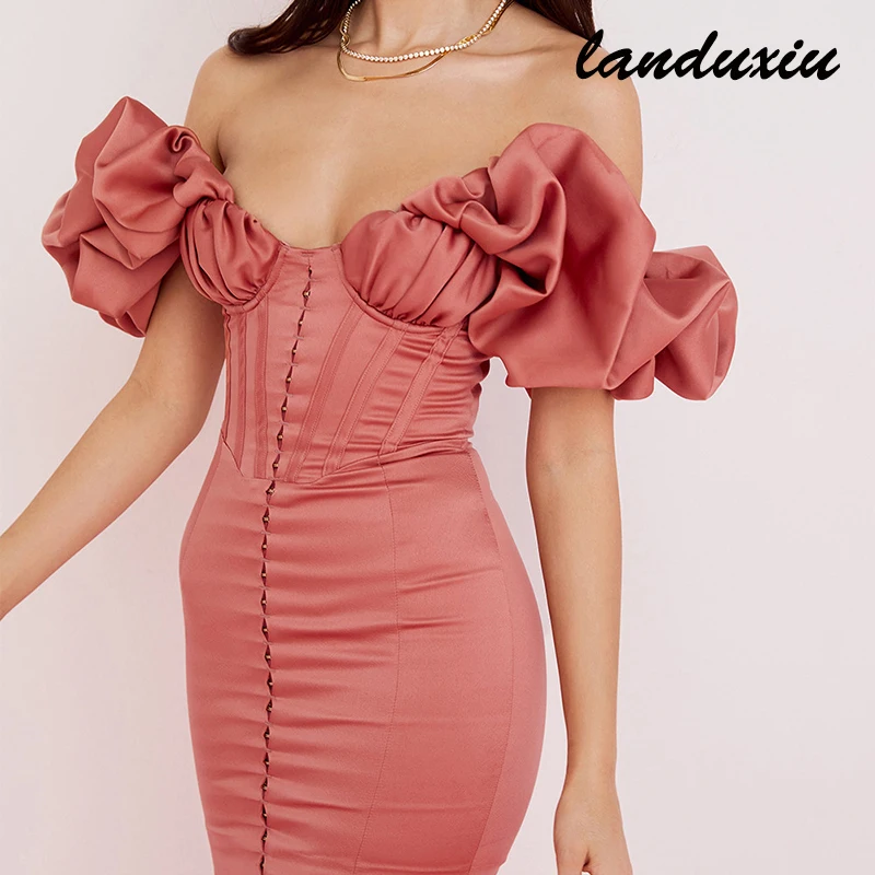 

Landuxiu Elegant Dress, Lotus Leaf Shoulder Waist Buckle Solid Color Slim Sexy Ball Evening Dress
