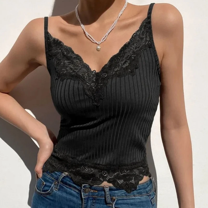 

Womens Ribbed Camisole Lace Trim Tops for Women Ladies Fitted Cami Basic Top Fashion Sexy V-Neck Spaghetti Strap