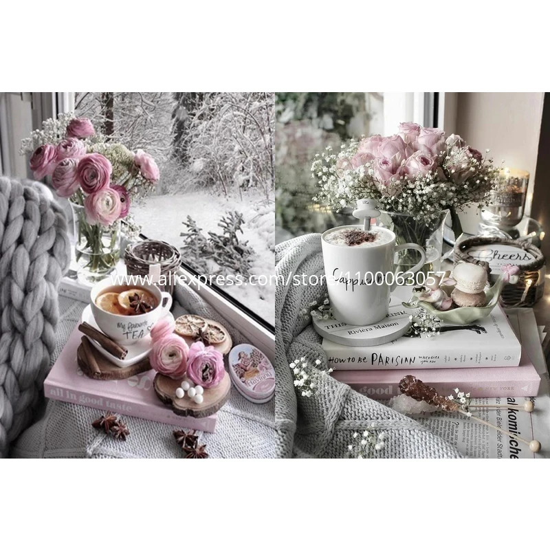 

ROAMILY,Diamond Painting Still Life,Elegant,5D Full Round Diamond Embroidery,Coffee Cup Flower Elegant Home Bedroom,Sale,Hot Sal