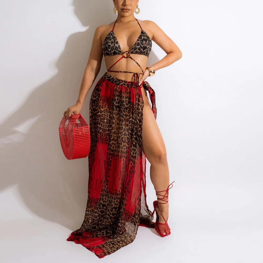 

Женский леопардовый комплект из юбки и юбки с разрезом сбоку