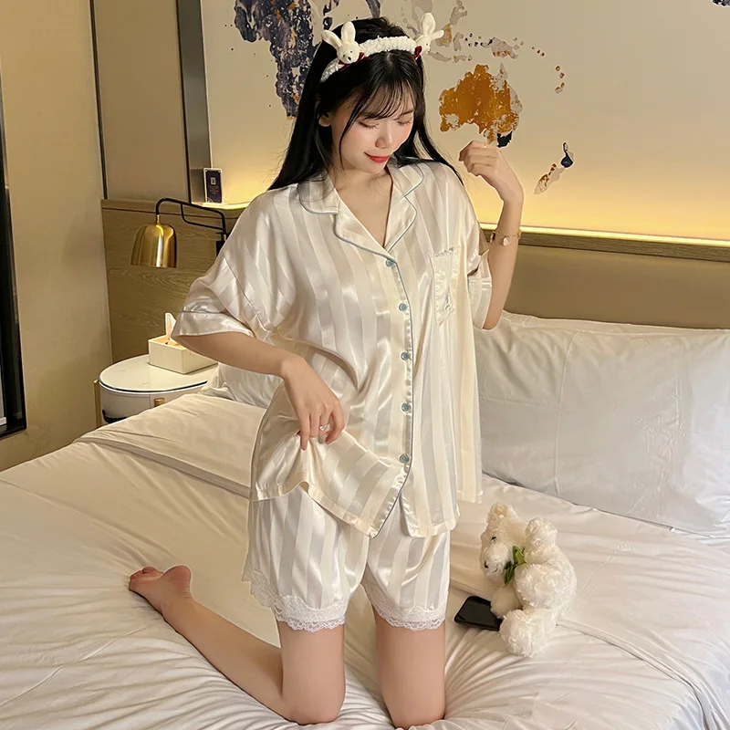 Pajamas for Women's Summer Thin Short-sleeved Shorts Home Suit Breathable Comfortable and Soft Sleepwear with Turn-over Collar