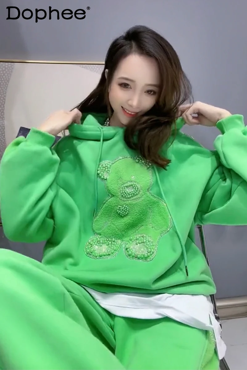 

Женская флисовая толстовка Стразы, изысканный свитшот с мультяшным медведем, Новинка осени и зимы 2022, свободное модное розовое пальто с кап...