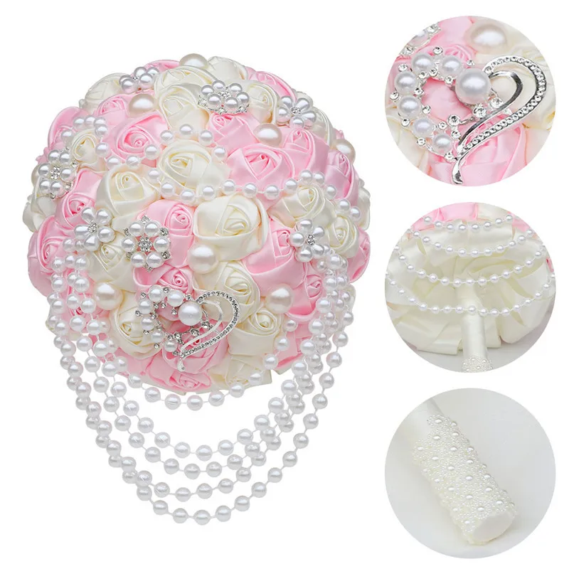 

VOHSIAHPO Wedding Bouquet Ribbon Rose Tassel Pearl Chain Bridesmaid Bouquet Festive Party Flowers