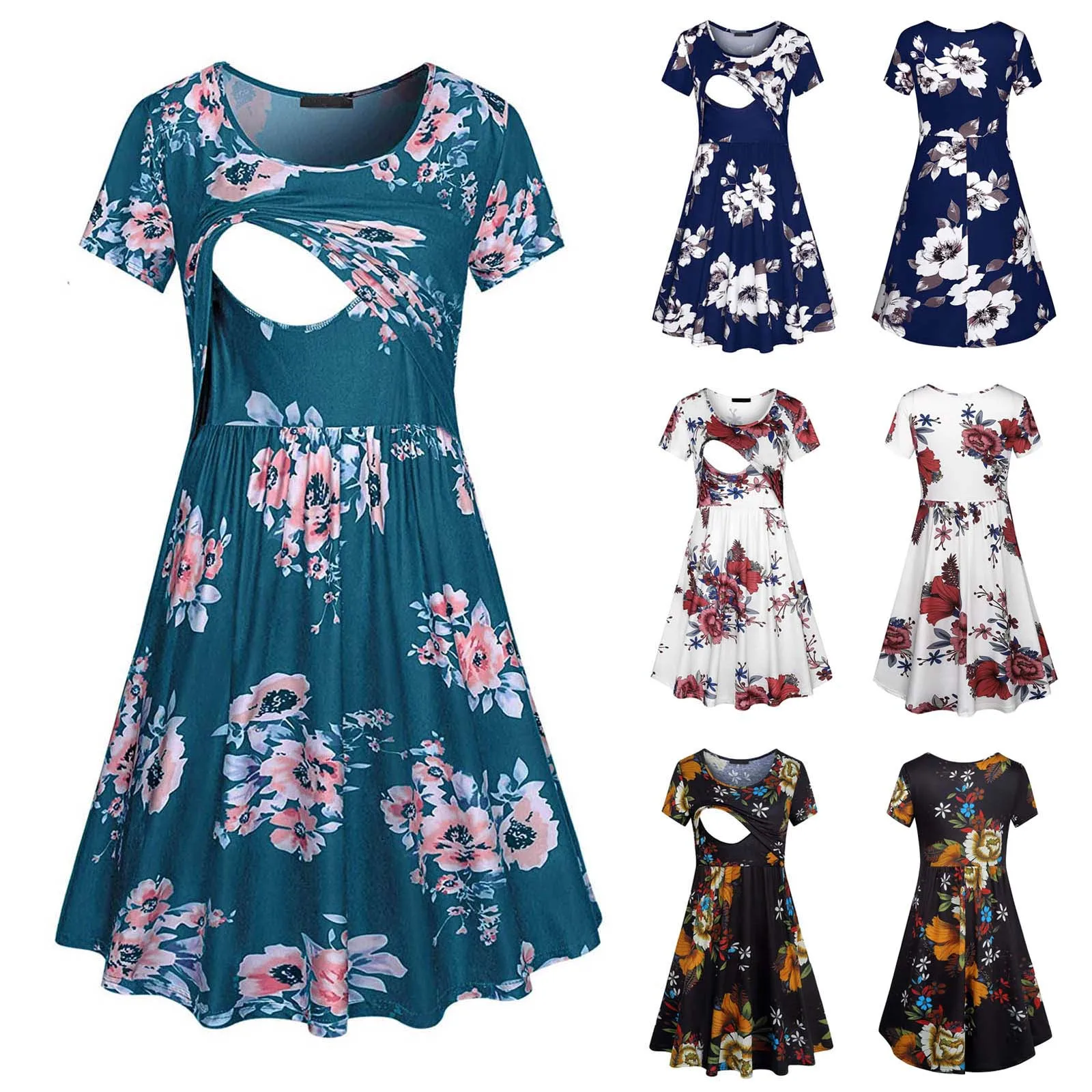 

Woman O-Neck Print Short Sleeve Breast-feeding Pregnant Maternity Nursing Dress Maternity Dresses Pregnancy Clothes