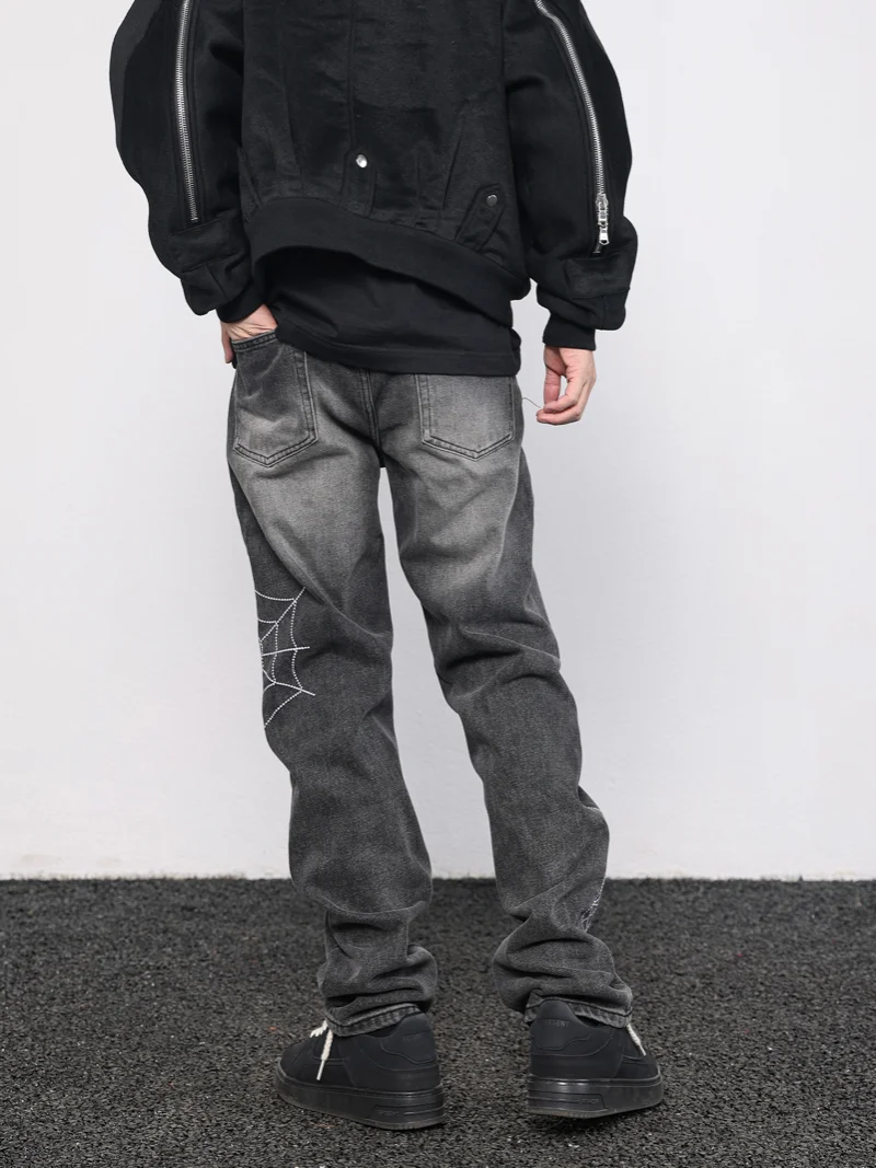 Mens Hip Hop Streetwear Denim Pants Cobweb Embroidery Denim Pants 2023 Harajuku Zipper Cotton Joggers Jeans Trousers Harem Pants