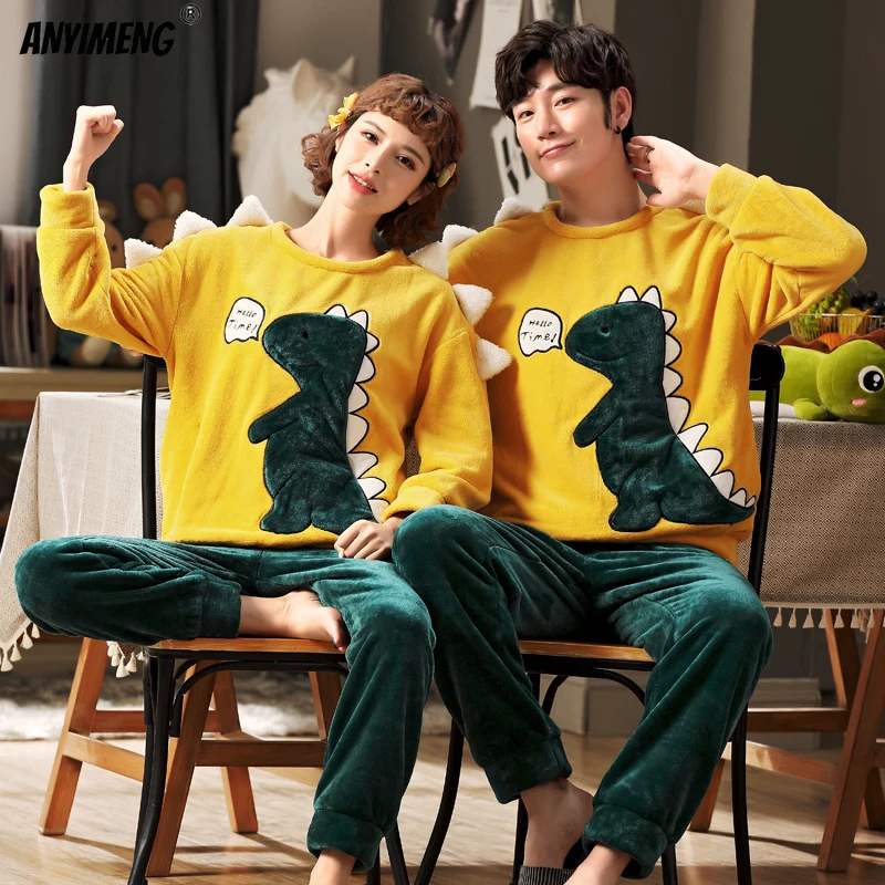 

Big Size Couple's Pajamas Loose Size 3xl 4xl 5xl Man and Women's Matching Cartoon Embroidery Flannel Winter Warm Sleepwear Lover