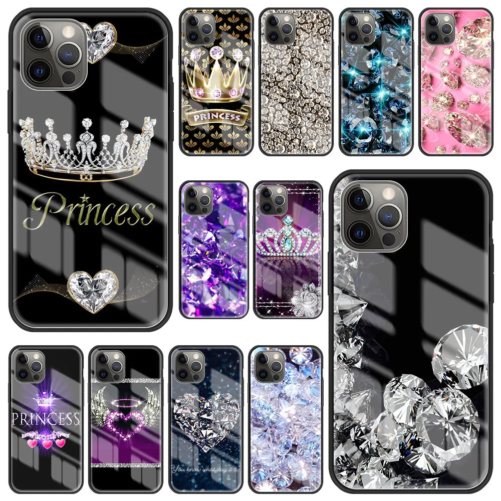 

Diamond Crown Printing Liquid Tempered Glass for iPhone 13 12 Mini 11 Pro Max 7 8 Plus 6 6S+ X XS XR SE2 Phone Case Back Cover