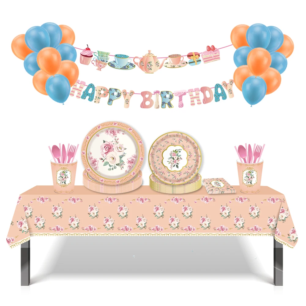 

Afternoon Tea Teapot Rose Flower Happy Birthday Party Disposable Tableware Sets Tablecovers Banner Baby Shower Party Decorations