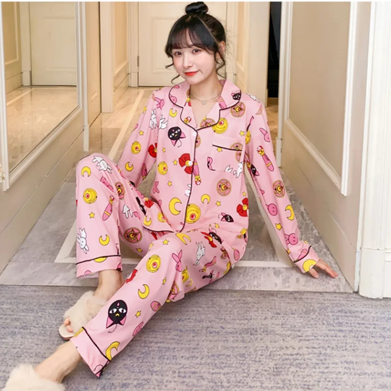 Spring Print Womens Home Wear Pink Long Sleeve Pocket Sweet Pajamas Sets Female Sleepwear Autumn Casual Ladies Home Clothes