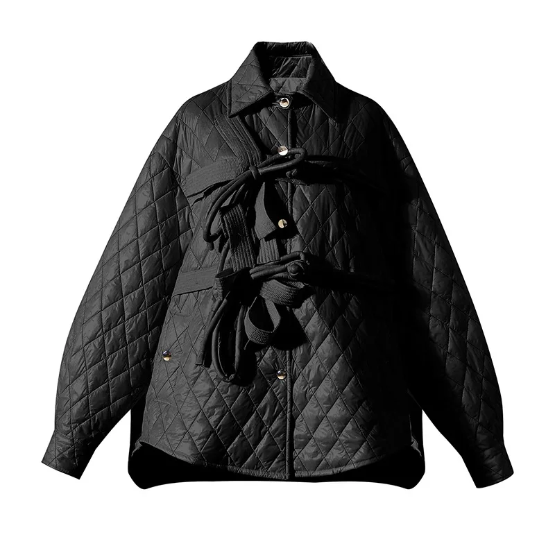 Chinese Style 2021 Winter Thin Quilted Jacket Bow and Shiny Diamond Plaid Buckle Coat Fashion Trendy Streetwear