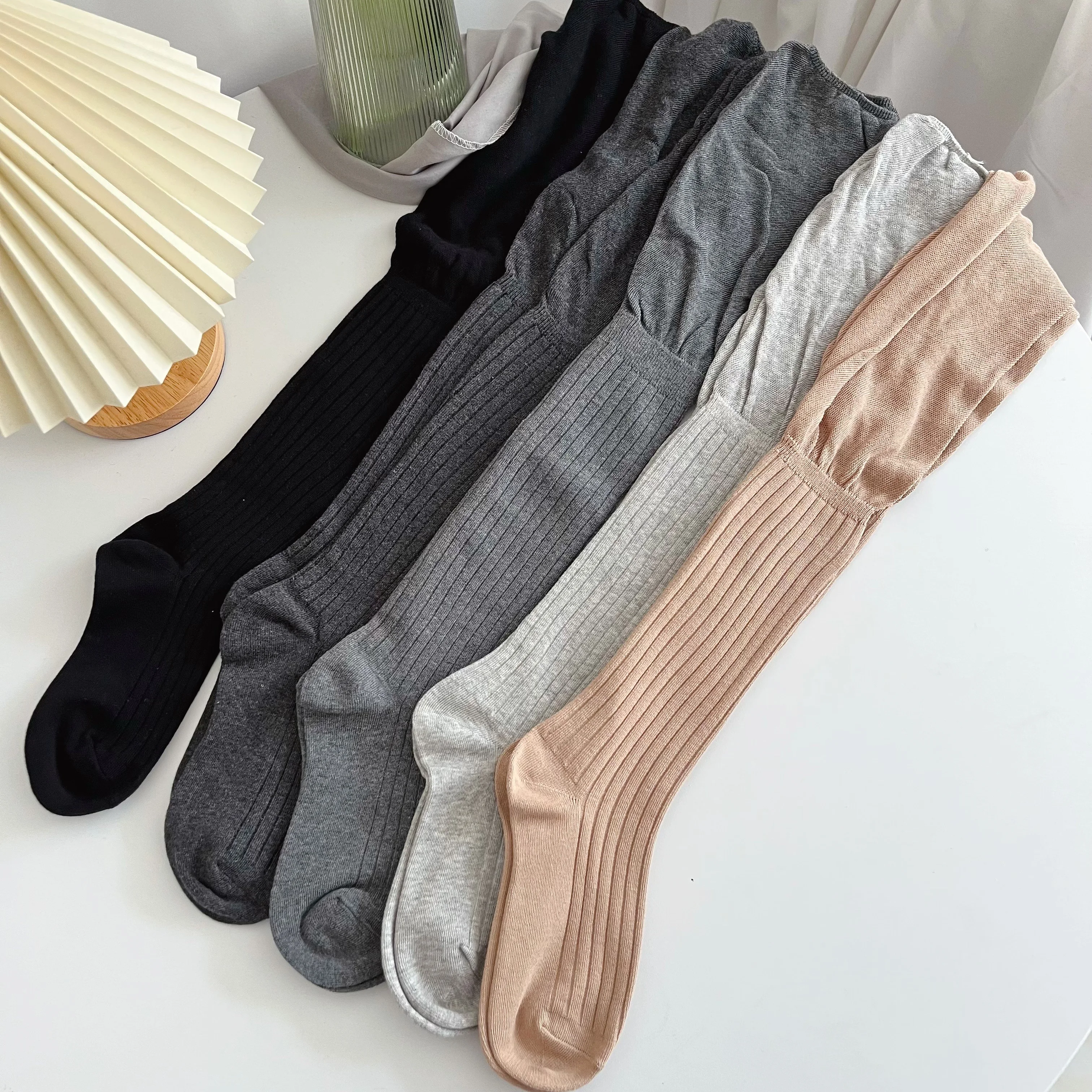 Smoky Gray Knee Socks Women Spring and Autumn Vertical Stripes Patchwork High Stacked Calf Retro White Stockings ...