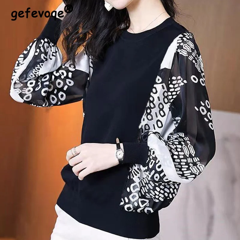 

Spring Summer Korean Fashion O-neck Patchwork Long Sleeve Oversized T-shirt Top Women Loose Casual Chiffon Pullover Tee Shirt