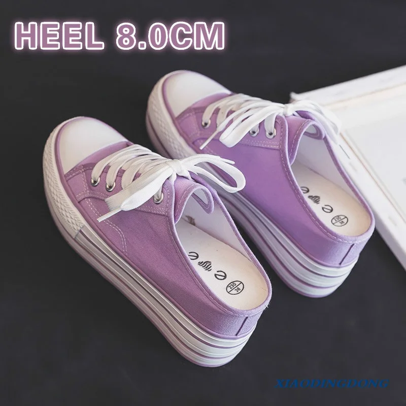 

New Summer Lavender Thick Bottom Slipper Elevator Canvas Shoes Women 8cm Half Slippers Girl White Shoe Chunky Heel Light Purple