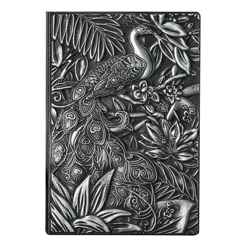 3D Embossed Notebook Leather Notebook Hardcover Peafowl Pattern 200-page Vintage Writing Notebook 3D Embossed PU Leather