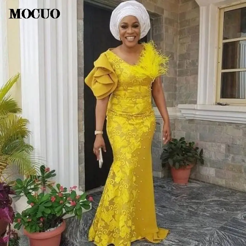 

Женское вечернее платье-русалка, элегантное платье в нигерийском стиле с золотыми перьями и аппликацией, расшитое бисером