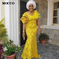 new nigerian formal party dress women gold feathers applique elegant evening dresses mermaid beads vestido de festa