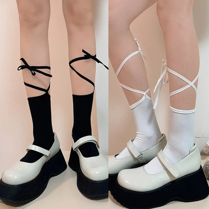 

Women Lolitas Bandage Socks Japanese Tieback Ankle Socks Thin Summer Socks Solid Color Lace Up Calf Sock