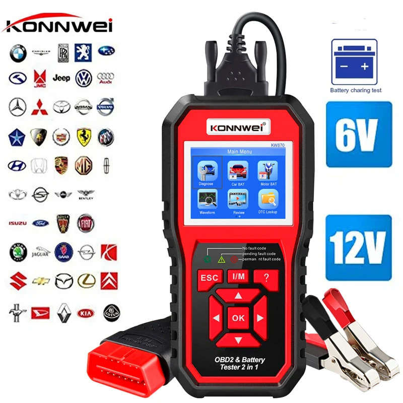 

Professional Car& Motorcycle Battery Tester KW870 Full OBD2 Scanner Diagnostics Tool for All Car 6V 12V Cranking Charging Tester