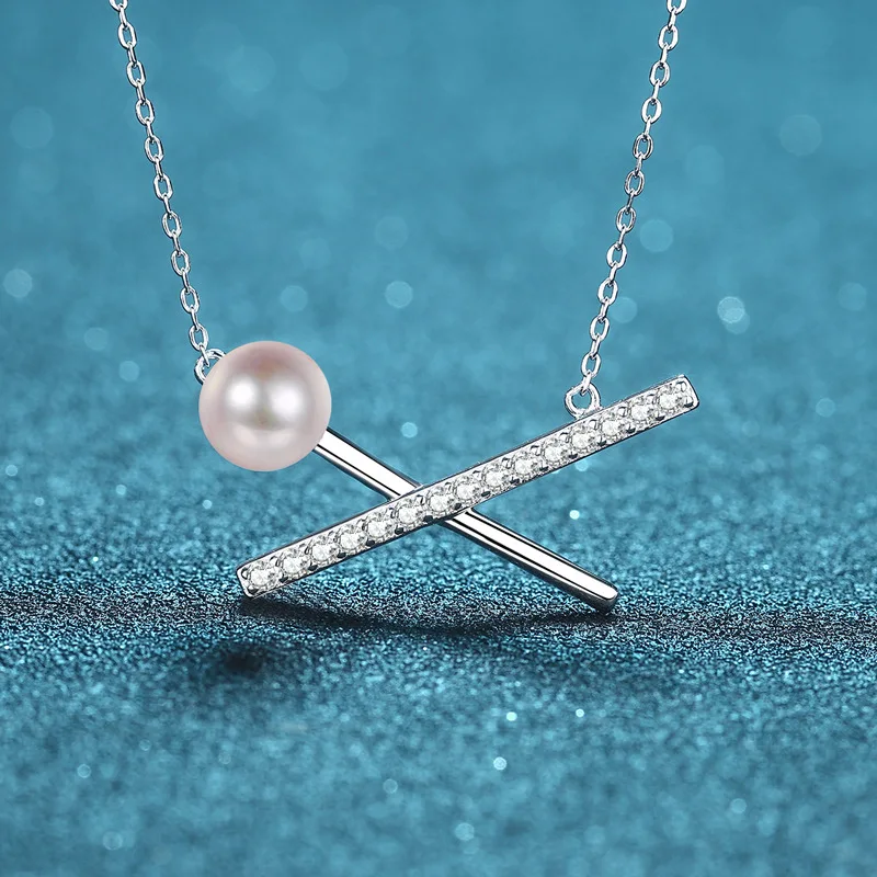 

Cross Pendant 8mm Freshwater Pearl 0.4ct Moissanite S925 Sterling Silver Female Necklace Women Clavicle Chain Fine Jewelry