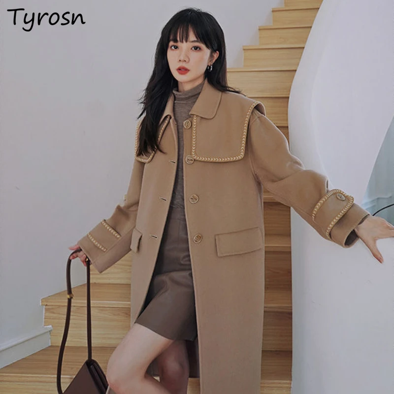 

Women Wool Blends Sailor Collar Single Breasted Preppy Style Fashion Leisure Sweet Y2k Loose Winter Outwear Chic All Match New