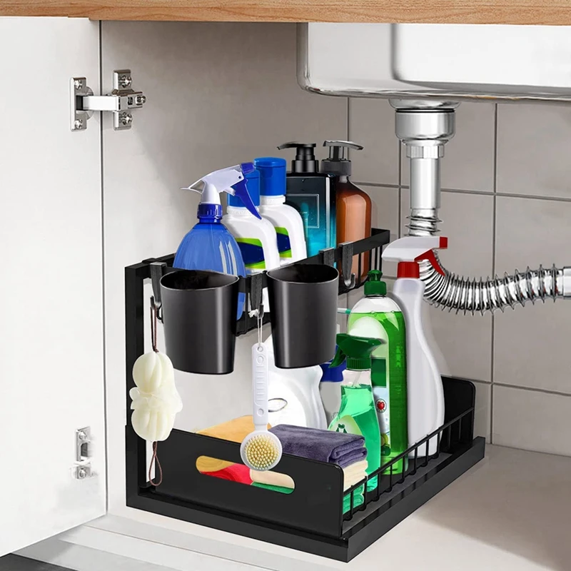 

Under Sink Kitchen Organizer with Cups and Hooks, 2 Tier L Shaped Rack Pull Out Under Sink Storage with Sliding Drawer