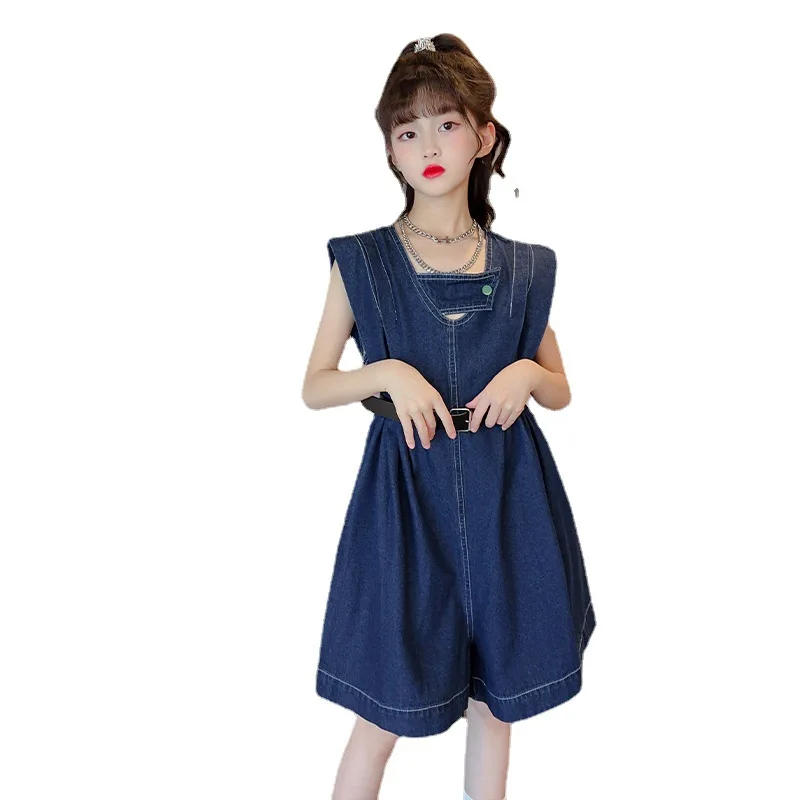 

Summer Girls Clothes Fashion Sports Jumpsuit Denim Overalls for Kids Sleeveless New Romper Shorts with Belt Outfits 5-14Y