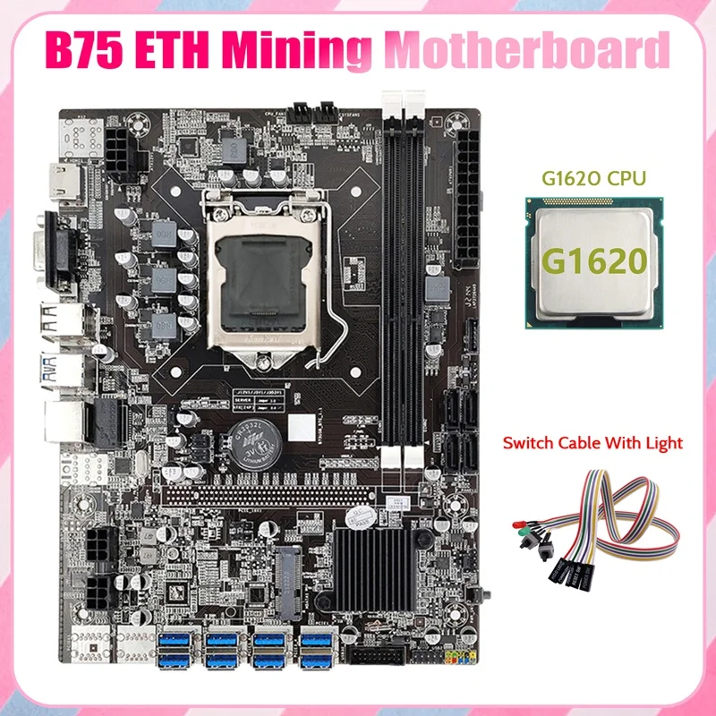 

Материнская плата B75 ETH 8XPCIE на USB + G1620 CPU + двойной кабель переключения светильник кой LGA1155 DDR3 B75 USB материнская плата для майнинга