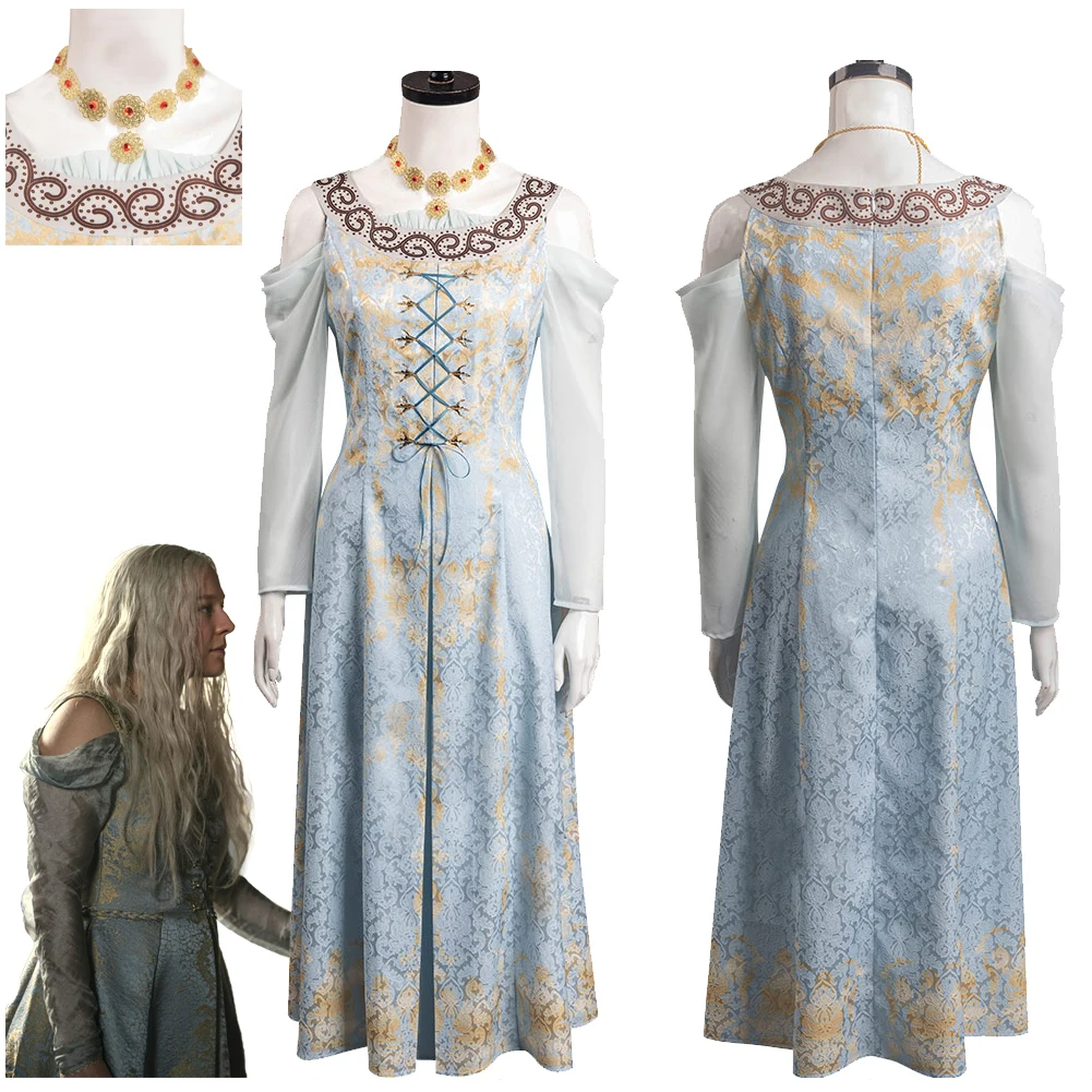 

House Of The Dragon Cosplay Rhaenyra Blue Printed Dress Costume TV Necklace Halloween Carnival Party Fantasia Outfits Women