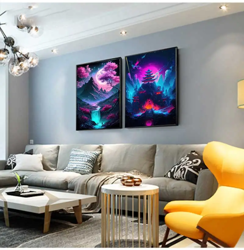 Пейзаж Настенный неоновый розового цвета Сказочная Картина на холсте в стиле