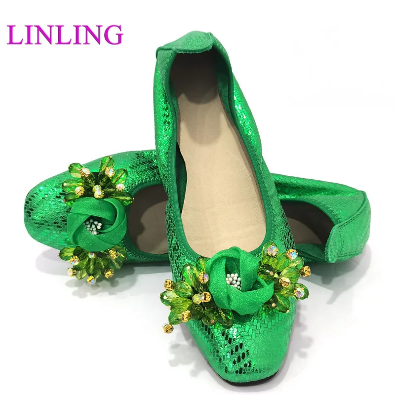 Square Nigeria Green Color African Women's Flat Shoes Fashion Rhinestone Genuine Leather Loafers Comfortable Party Shoes